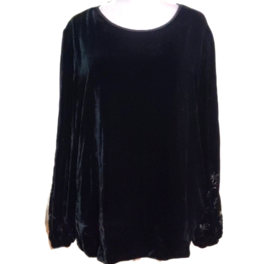 J. Jill vtg silk blend black velvet floral burnout bishop sleeve tunic top M